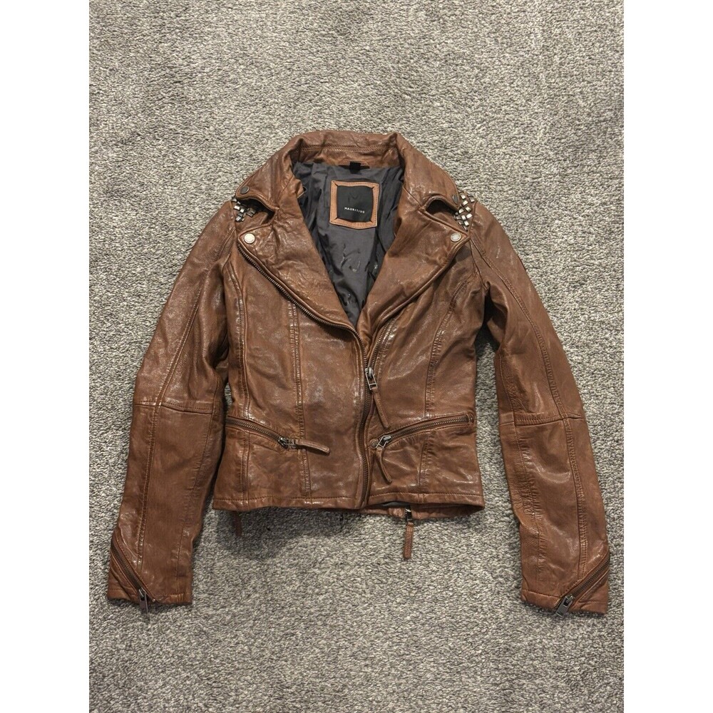 Mauritius Studded Shoulder Leather Jacket Cognac Size 6 Excellent Condition